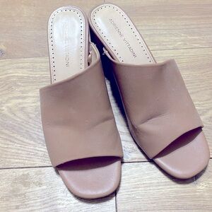 Leather brown block heel mules peep toe